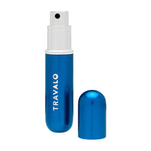 Load image into Gallery viewer, The blue perfume atomizer with the cap set next to it on a white background.
