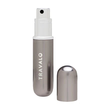 Load image into Gallery viewer, Front view of the titanium gray perfume atomizer with the cap set to the side on a white background. 
