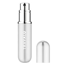 Load image into Gallery viewer, Front view of the silver colored perfume atomizer with the cap set to the side on a white background. 
