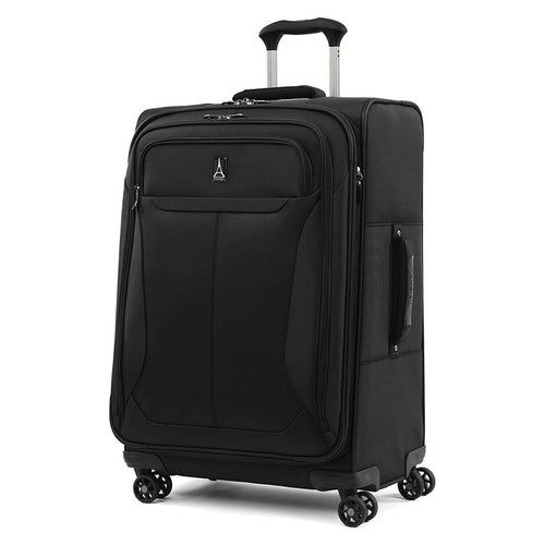 Angled front panel view of the black suitcase with the telescopic handle partly extended. 