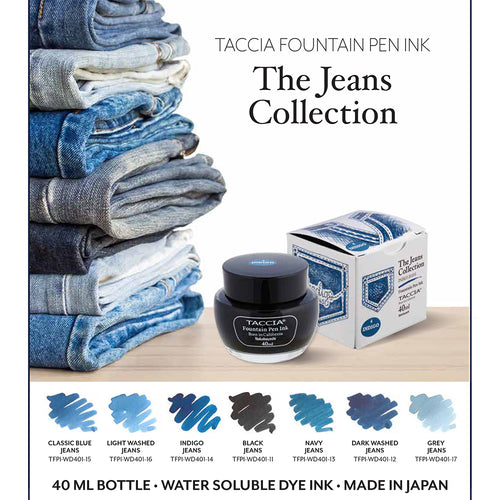 Graphic showing different blue tones of 40 milliliter ink bottles, inspired by the blue and black tones in jeans. 