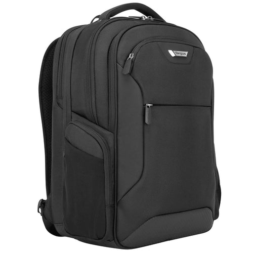 Angled front view of the black backpack on a white background. 