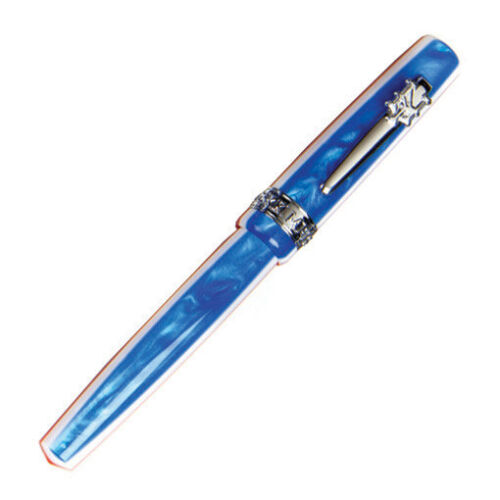 Front view of the blue fountain pen with silver-colored trims. The cap is on.
