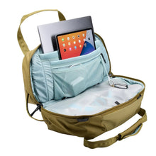 Load image into Gallery viewer, Interior view of the nutria brown bag showing a laptop, charging cable, and a tablet tucked into the available pockets. (Accessories not included).
