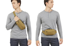 Load image into Gallery viewer, Two images showing a man wearing the nutria brown bag as a cross sling bag, and as a waist pack.
