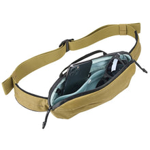 Load image into Gallery viewer, Interior view of the nutria brown bag with a cellphone and sunglasses tucked into the compartments. Accessories are not included. 
