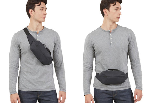 Two images of a man wearing a black Thule Aion sling bag. One shows the bag attached to the waist, and the other attached as a cross sling bag. 