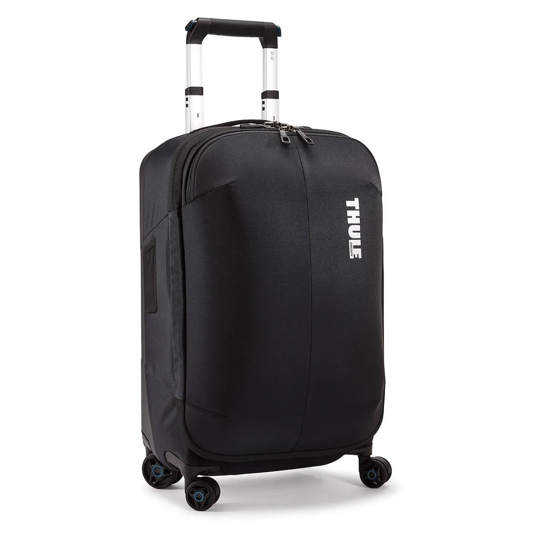 Angled front panel view of the black suitcase with the telescopic handle partly extended. 