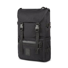Load image into Gallery viewer, Angled front panel view of the black backpack.
