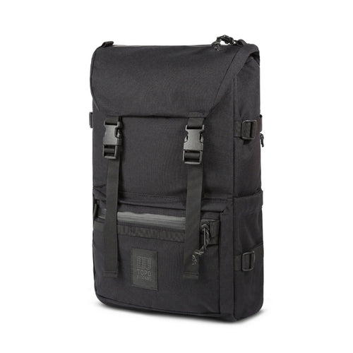 Angled front panel view of the black backpack.