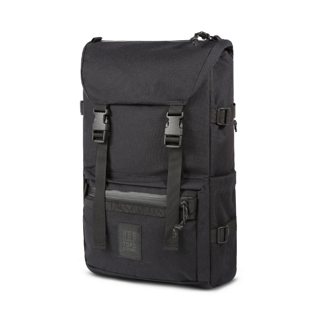 Angled front panel view of the black backpack.