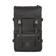 Load image into Gallery viewer, Front panel view of the black backpack.
