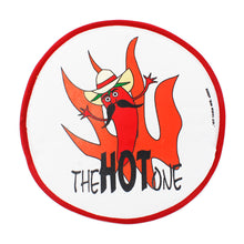 Load image into Gallery viewer, Front view of the tortilla warmer with a red cartoon chile wearing a hat and text: "THE HOT ONE"
