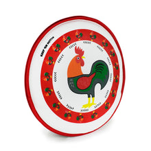 Load image into Gallery viewer, Angled view of the tortilla warmer with a rooster and decorations print.
