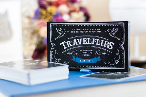 Front panel view of the Spanish Travelflips box with the cards arranged next to it. 