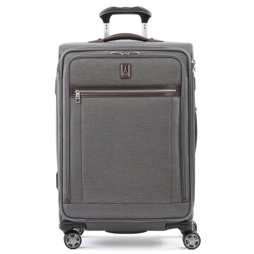 Front panel view of the gray suitcase. The telescopic handle is partly extended. 