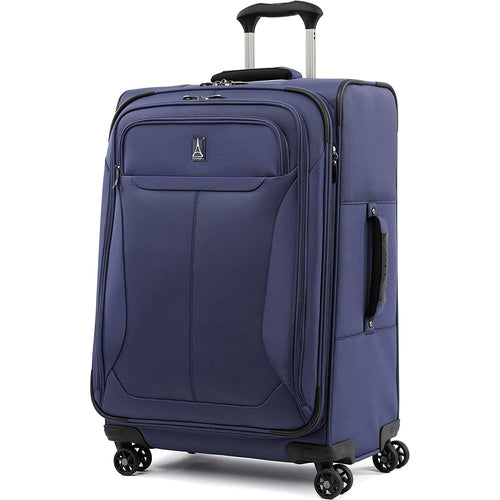 Front angled view of the blue suitcase with the telescopic handle partly extended. 