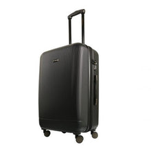Load image into Gallery viewer, Angled front panel view of the black suitcase with the telescopic handle extended. 
