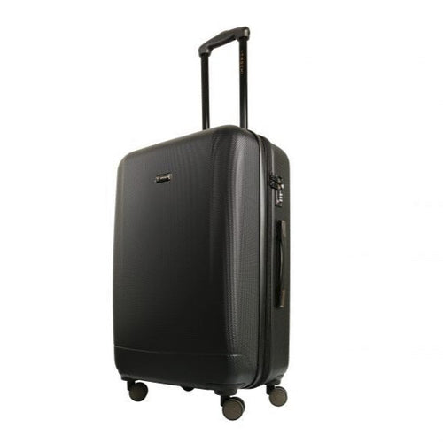 Angled front panel view of the black suitcase with the telescopic handle extended. 