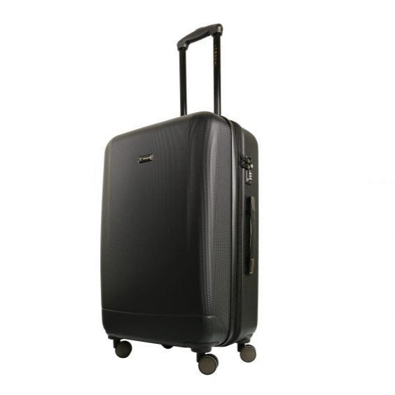 Angled front panel view of the black suitcase with the telescopic handle extended. 