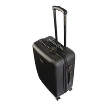 Load image into Gallery viewer, Angled view of the suitcase showing the top panel. It features a grab handle and a circular luggage tag.
