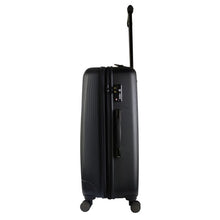 Load image into Gallery viewer, Side panel view of the black suitcase. It features a grab handle and a TSA approved three-digit combination lock.
