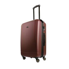 Load image into Gallery viewer, Angled front panel view of the burgundy suitcase with the telescopic handle partly extended.
