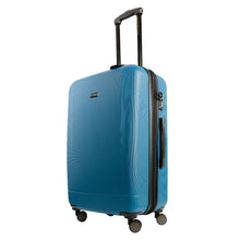 Load image into Gallery viewer, Angled front panel view of the blue suitcase with the telescopic handle partly extended. 

