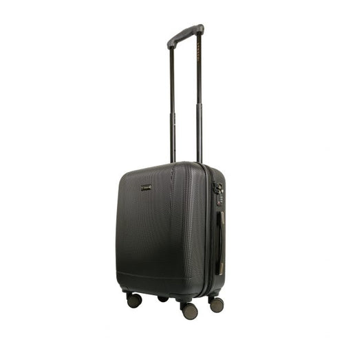 Angled front panel view of the black suitcase with the telescopic handle extended. 