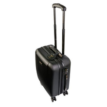 Load image into Gallery viewer, Angled top panel view of the black suitcase with the telescopic handle extended.
