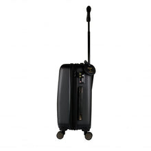 Load image into Gallery viewer, Side panel view of the black suitcase. It features a grab handle and a TSA approved three-digit combination lock. 
