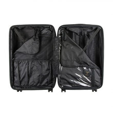 Load image into Gallery viewer, Interior view of the suitcase. Both panels feature zipper-closing dividers with pockets, and adjustable straps to hold contents.
