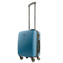 Load image into Gallery viewer, Angled front panel view of the blue suitcase with the telescopic handle extended. 
