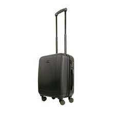 Load image into Gallery viewer, Angled front panel view of the black suitcase with the telescopic handle extended. 
