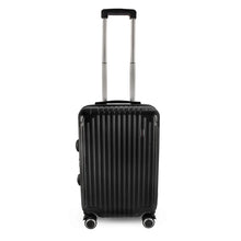 Load image into Gallery viewer, Front panel view of the black suitcase with the telescopic handle extended. 
