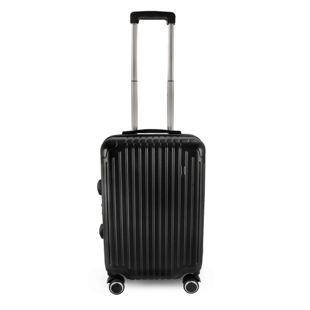 Front panel view of the black suitcase with the telescopic handle extended. 