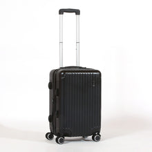 Load image into Gallery viewer, Angled front panel view of the black suitcase with the telescopic handle partly extended. 
