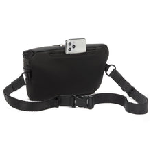 Load image into Gallery viewer, Angled back panel view of the waist pack showing the adjustable strap. 
