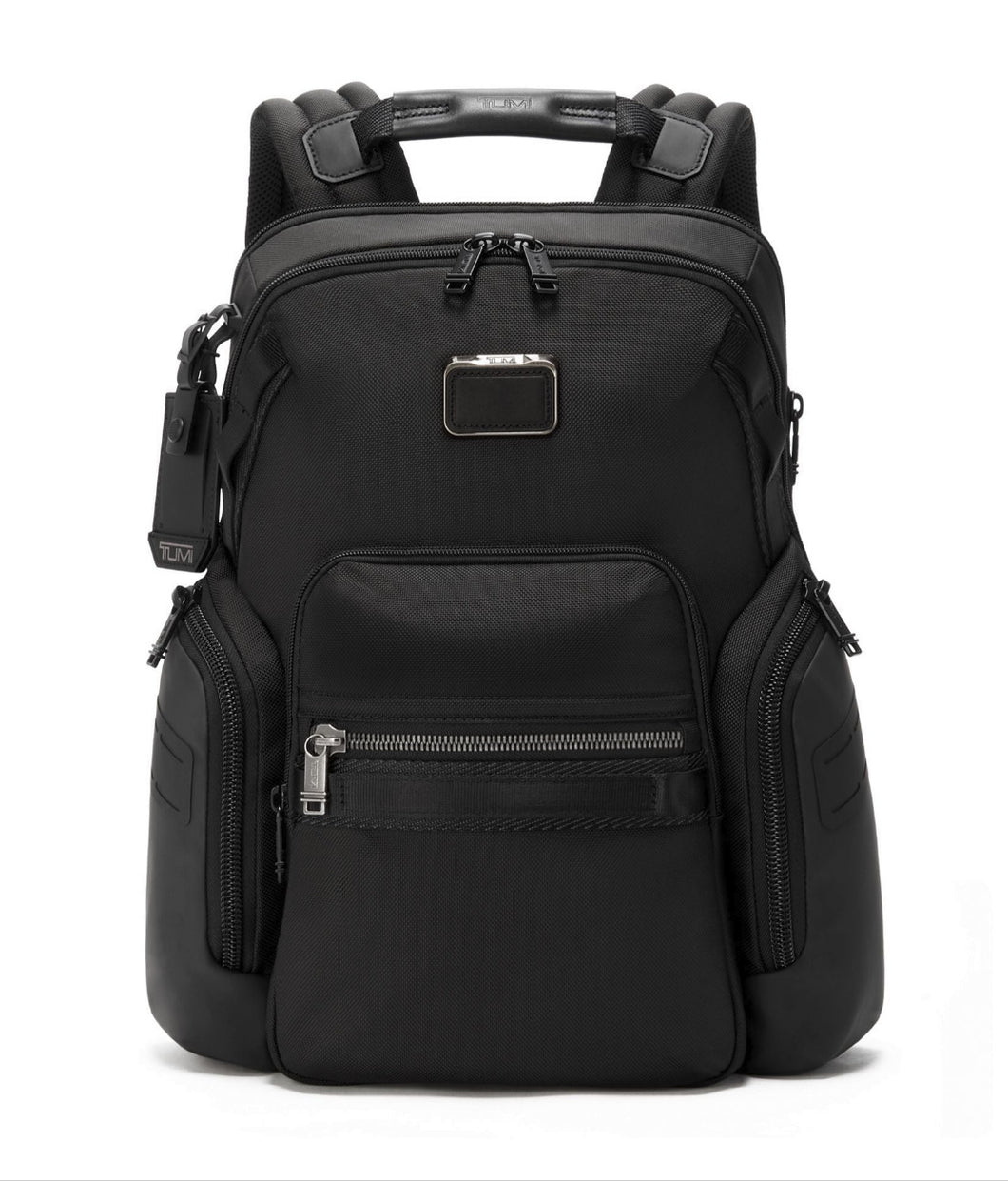 Front panel view of the black backpack