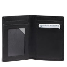 Load image into Gallery viewer, The card case unfolded, showing the interior. The left side has a windowed ID compartment, and the right side three card slots.
