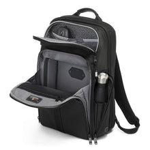 Load image into Gallery viewer, Angled front panel view of the backpack with the compartments unzipped. A mouse and water bottle are placed in two different sections. (Accessories not included).

