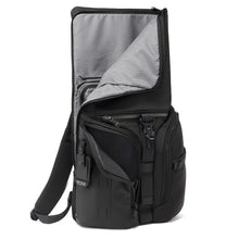 Load image into Gallery viewer, Angled front panel view of the backpack with the flap lid extended and partly unzipped. 
