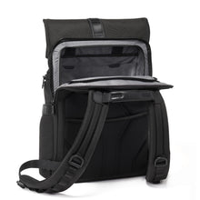 Load image into Gallery viewer, Back panel view with the laptop compartment unzipped and flipped down. 
