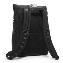 Load image into Gallery viewer, Angled back panel view of the black packpack
