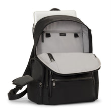 Load image into Gallery viewer, Angled front panel view of the backpack with the main compartment unzipped and flipped down. A laptop is peeking from the back panel&#39;s pocket.
