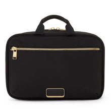 Load image into Gallery viewer, Front panel view of the black cosmetic bag.
