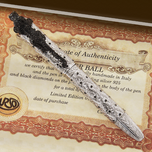 Front view of the fountain pen, placed on top of the certificate. 