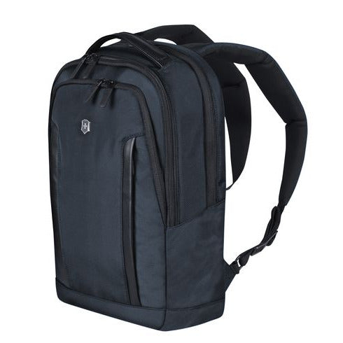 Angled front panel view of the backpack with the shoulder straps extended. 