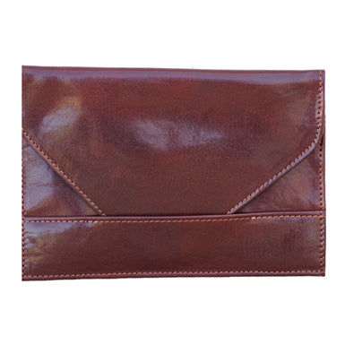 Front view of the brown leather photo envelope. 