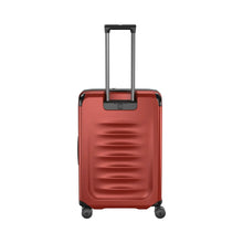 Load image into Gallery viewer, Back panel view of the suitcase with the telescopic handle partly extended. 
